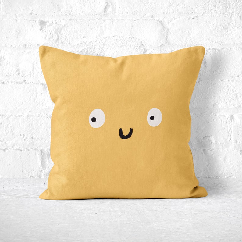 Cute Face Pillow In Soft Gold, Funny Throw Pillow, Novelty Toss Cushion, Quirky Decor, Kids Room, Dorm Nursery, Happy Smiling Character