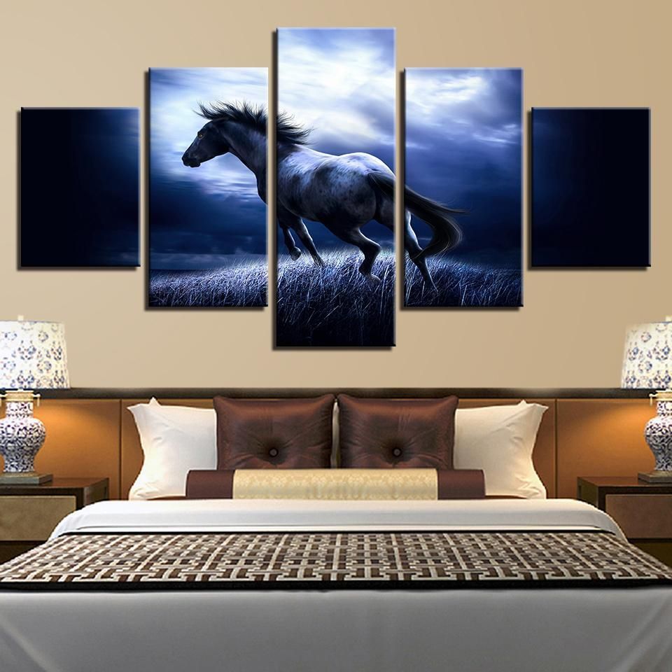 Running The Night Horse Animal 5 Panel Canvas Art Wall Decor