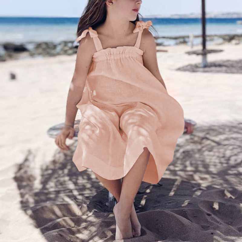 100% Linen Fabric, Beach Style Dress for Kids Sweet Slip Dress Summer Bow Strap Dress For Cute Little Girls 2 To 6 Years Old alx