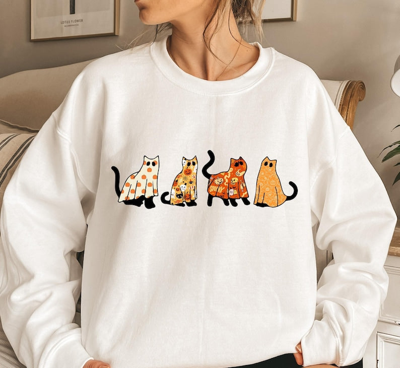 Ghost Cats Halloween Crewneck Sweatshirt All Over Print Sweatshirt For Women Sweatshirt For Men Sws1079