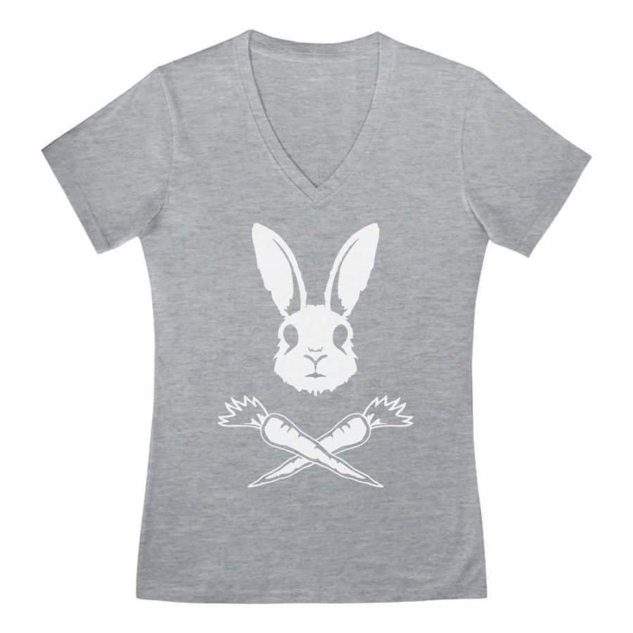 Rabbit Skull Easter Carrots Crossbones V-Neck Fitted Women T-Shirt