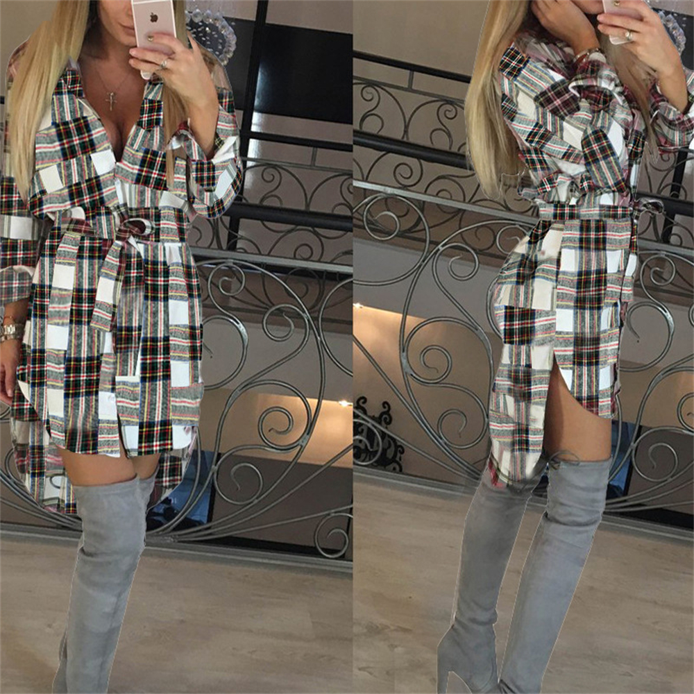 Vintage Scottish Plaid Shirt Dress Women Autumn Long Sleeve Turn-down Collar Belt Button A line Casual Dresses Vestidos De Mujer alx