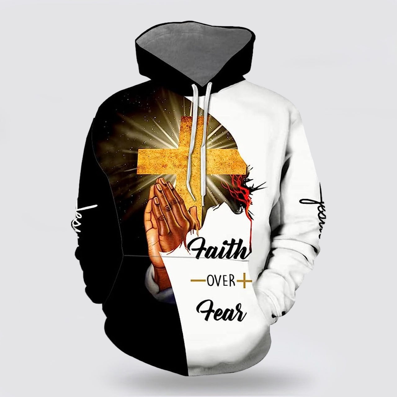 Faith Over Fear Pray Hand Cross 3D Hoodies For Women Men  Christian Apparel Hoodies