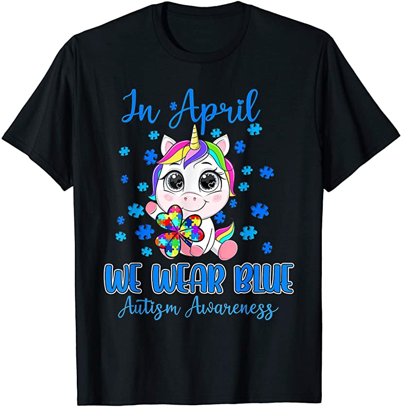 We Wear Blue Puzzle Pieces Shamrock Unicorn Autism Awareness T-Shirt