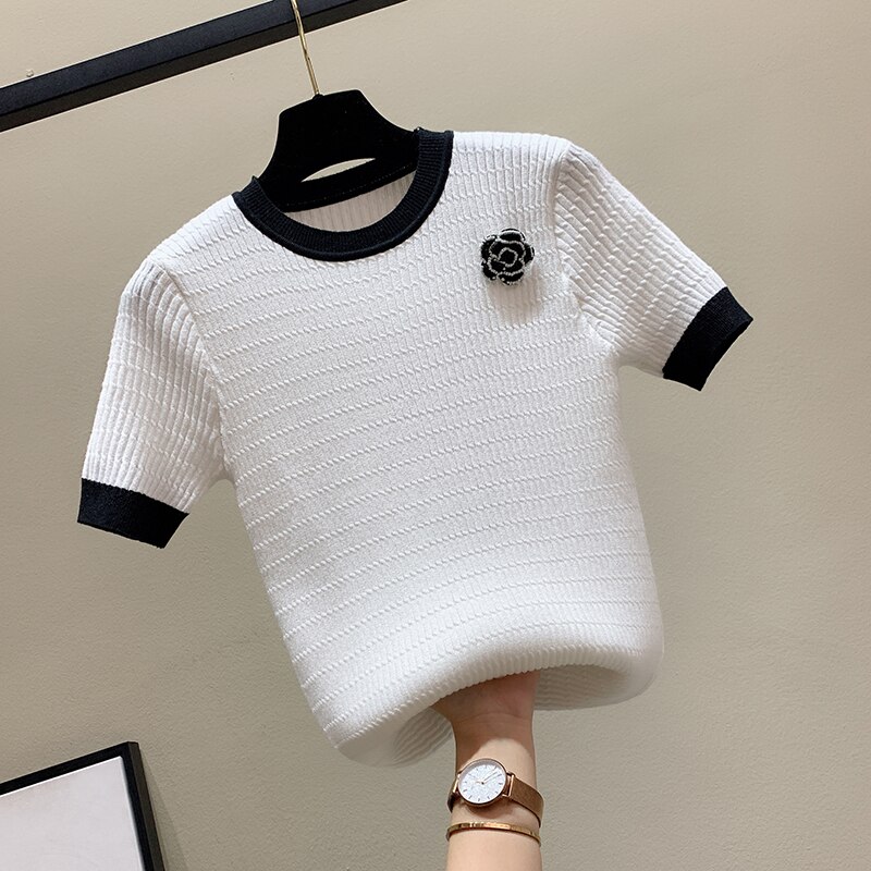 Beading Flower Thin Short Sleeve Sweater Women Knitted T-Shirt Korean O-Neck Office Lady Elegant Black White Pullover Jumper Top alx