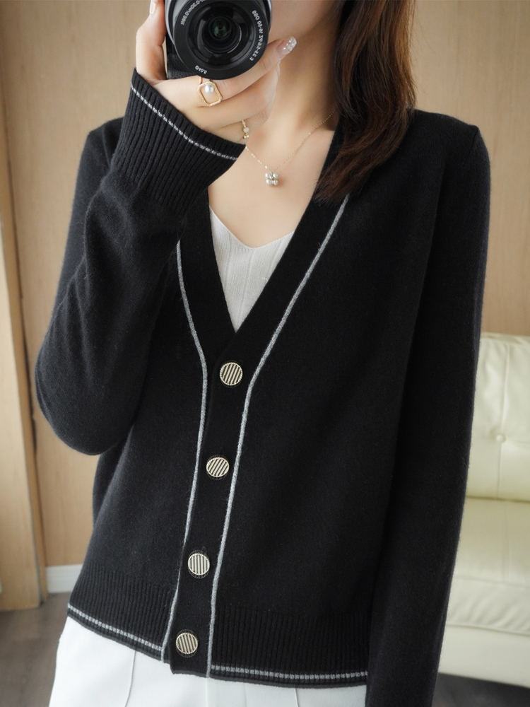 2022 Autumn And Winter Women’s V-neck Knitted Cardigan Colorwork Comfortable Sweater Fashion Versatile Jacket Bottoming Top alx