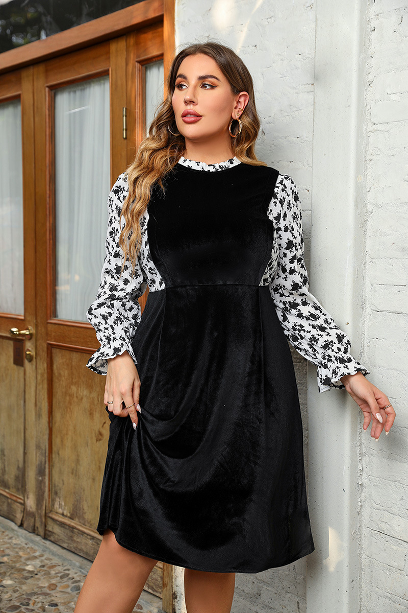 Women Plus Size Black Floral Long Sleeve Velvet Dress Autumn Winter Elegant High Waist A-line Sleeves Fake Two-piece Party Dress alx