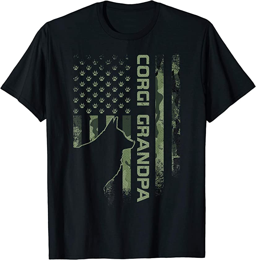 Vintage US American Camo Flag Proud Corgi Grandpa Silhouette T-Shirt