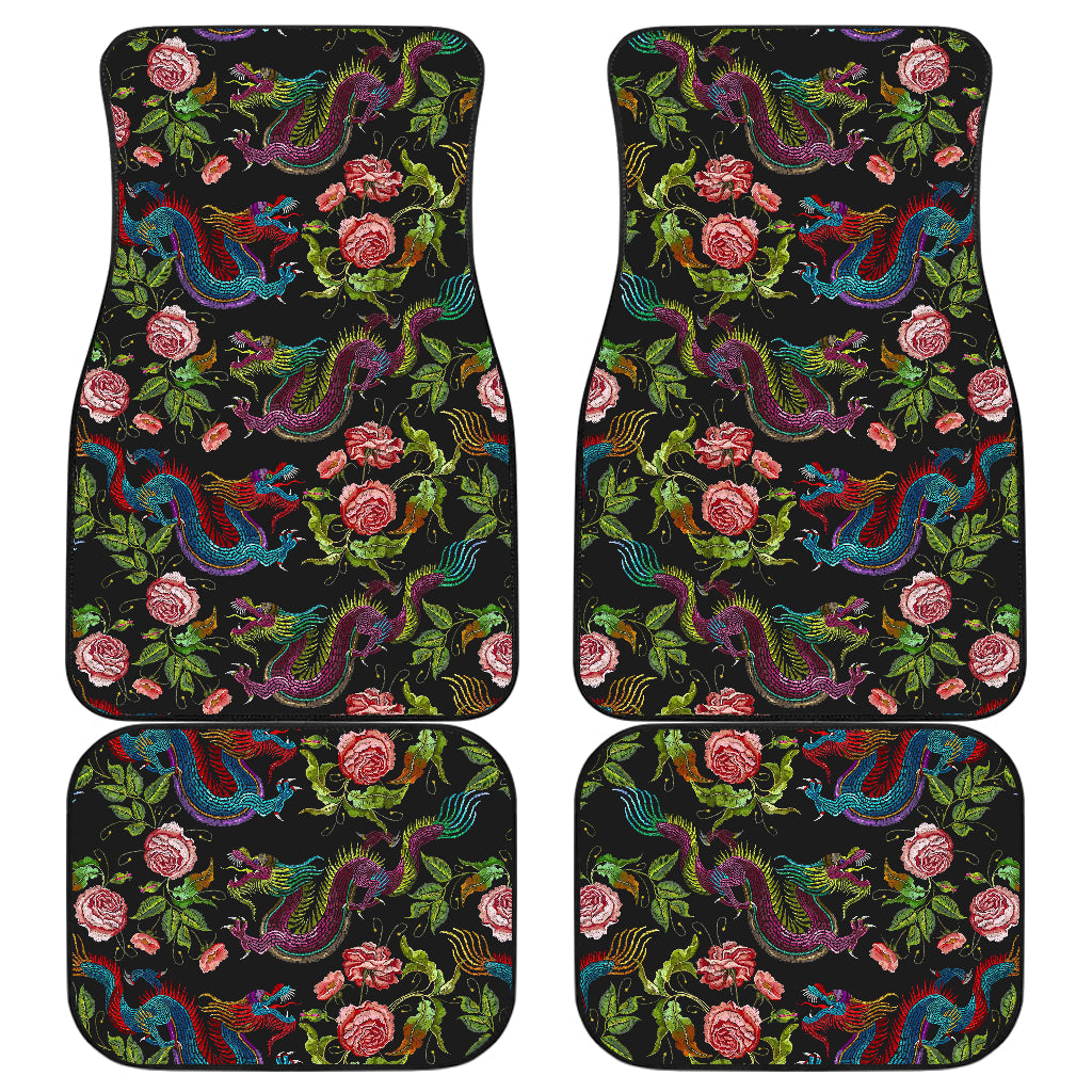 Chinese Dragon Flower Pattern Print Front And Back Car Floor Mats, Front Car Mat