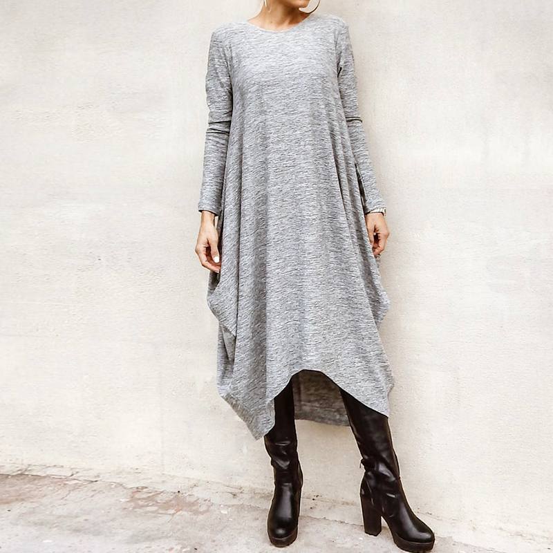 2022 Women’s Spring Sundress ZANZEA Fashion Asymmetrical Midi Dress Casual Long Sleeve Solid Long Vestido Robe Femme alx