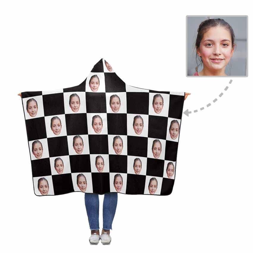 Custom Face Black&White Grid Hooded Blanket