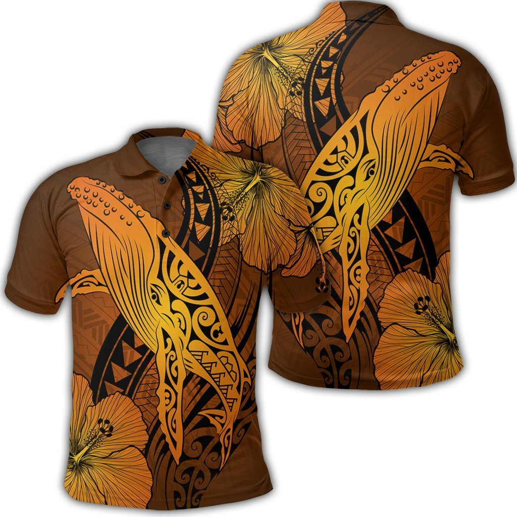 Hawaiian Map Whale Swim Hibiscus Polynesian Polo Shirt – Orange