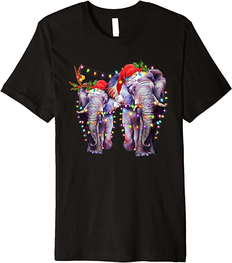 Two Elephant Santa Hat With Lights Funny Christmas 2021 PJ Premium T-Shirt