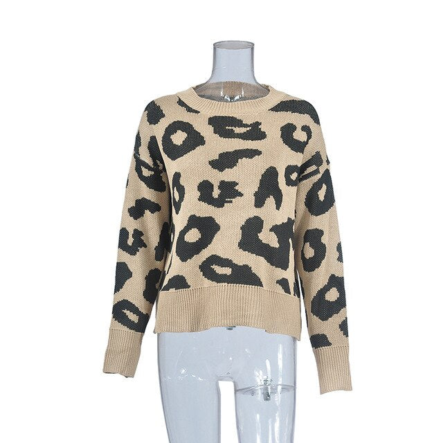 Leopard Casual  O Neck Lantern Sleeve Pullovers Knitting Sweaters