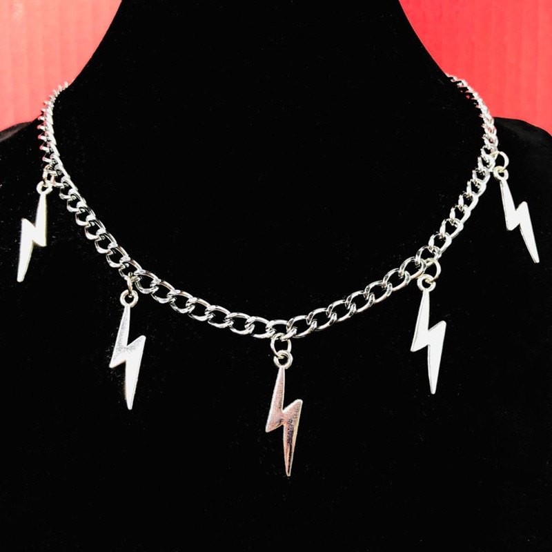 Unisex Lightning Bolts Silver Color Curb Cuban Chain Choker Necklace Chunky Goth Punk Rock Hip-hop Street Fashion Jewelry alx