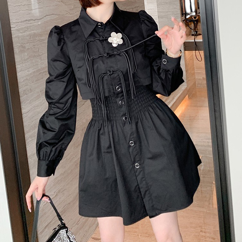 White Shirt Dress for Women 2022 Autumn Vintage Buckle Tassel Three-Dimensional Flower Pleated Waist Tight Long Sleeve Dresses alx