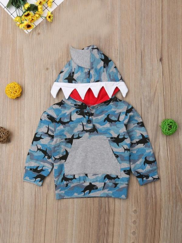 Toddler Boys Shark & Camo Print Button Placket Hoodie