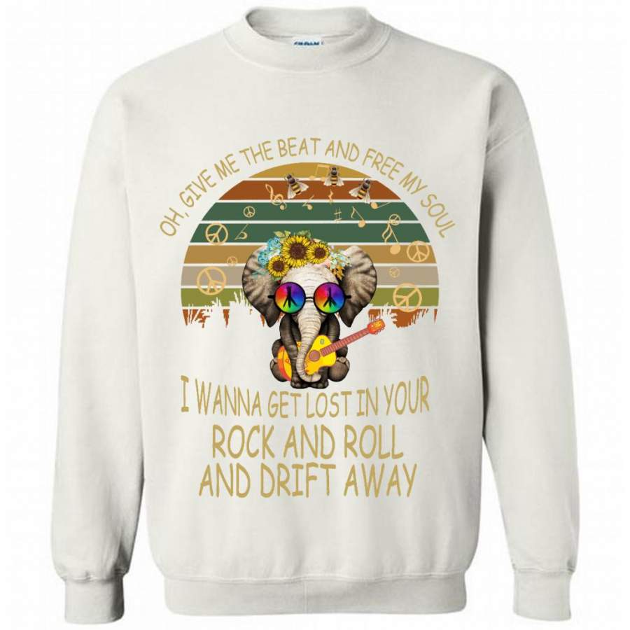 Oh, Give Me The Beat And Free My Soul, I Wanna Get Lost In Your Rock And Roll And Drift Away, Elephant Retro Peace Sign – Gildan Crewneck Sweatshirt