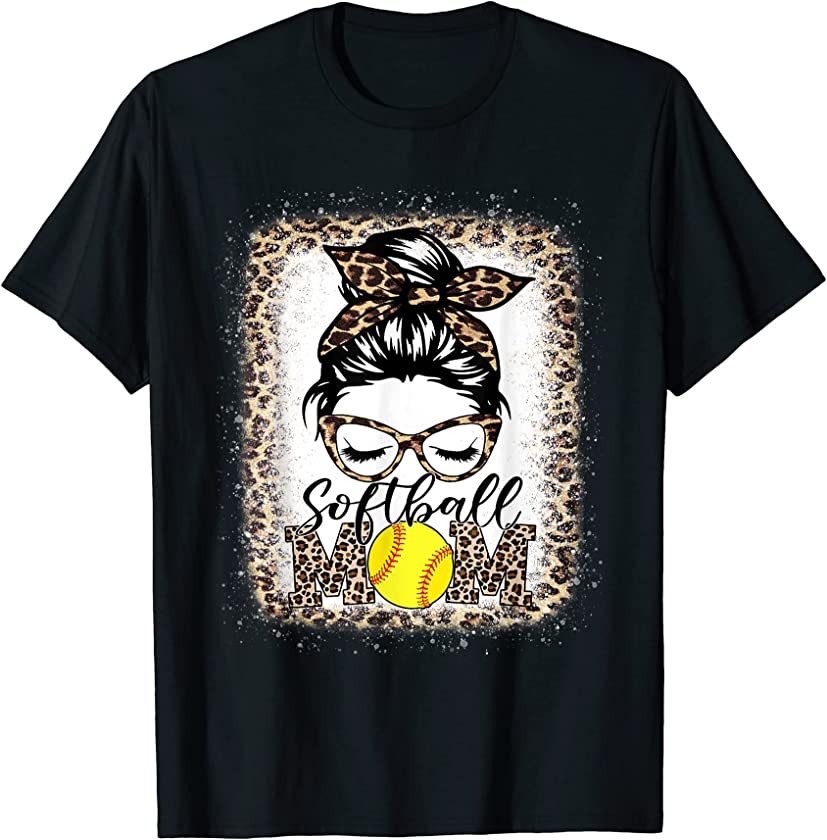 Women Softball Mom Boy Leopard Messy Bun Baseball Mom T-Shirt