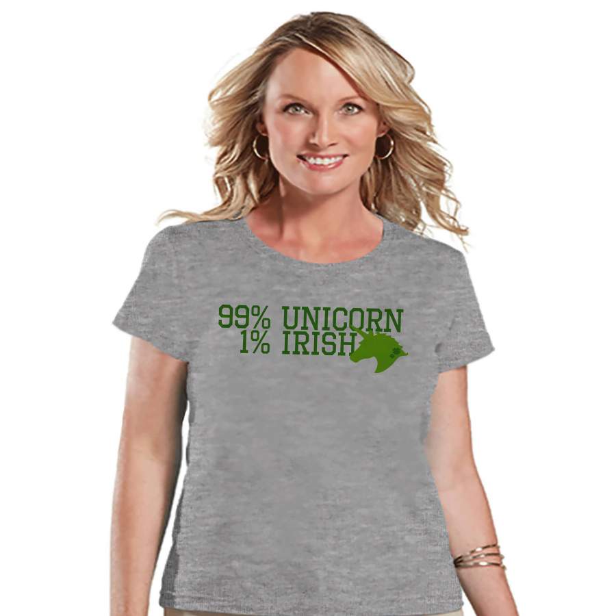 Women’s Unicorn Shirt – 99% Unicorn – St Patrick’s Day Irish Unicorn T-shirt – Womens Grey T-shirt – Green Lucky Unicorn – Gift for Her