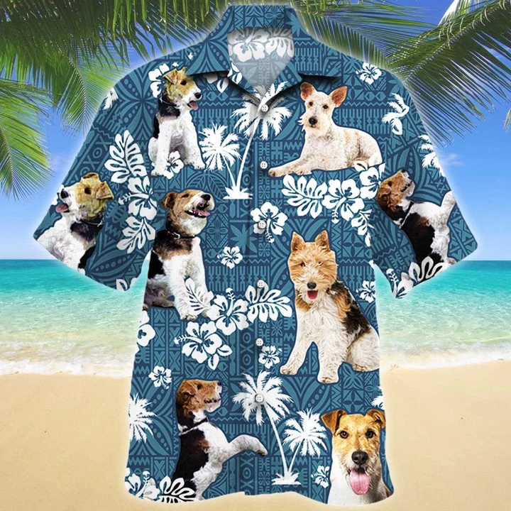 Smart Wire Fox Terrier Dog Blue Tribal Pattern Tropical Forest Hawaii Shirt Ha55478