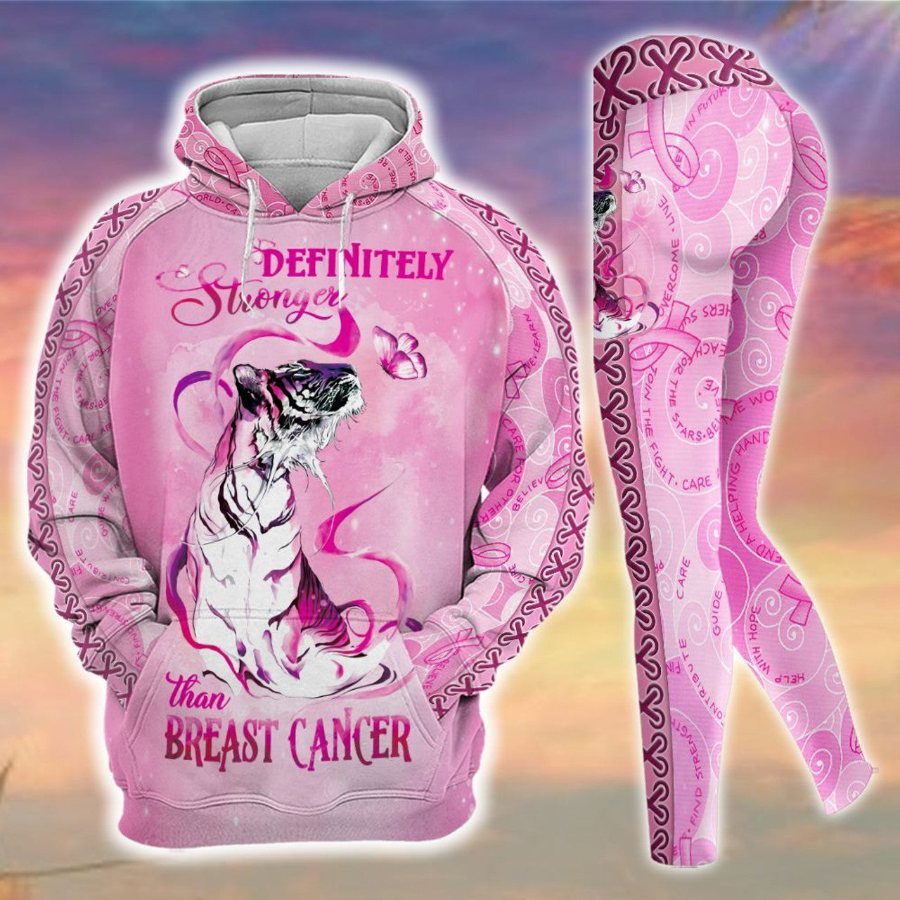 Breast Cancer Awareness Tiger Hoodie Leggings Set Survivor Gifts For Women Clothing Clothes Outfits Ht