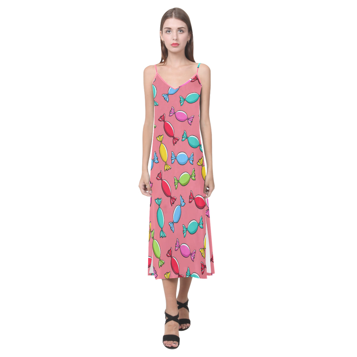 Colorful wrapped candy pattern V-Neck Open Fork Long Dress