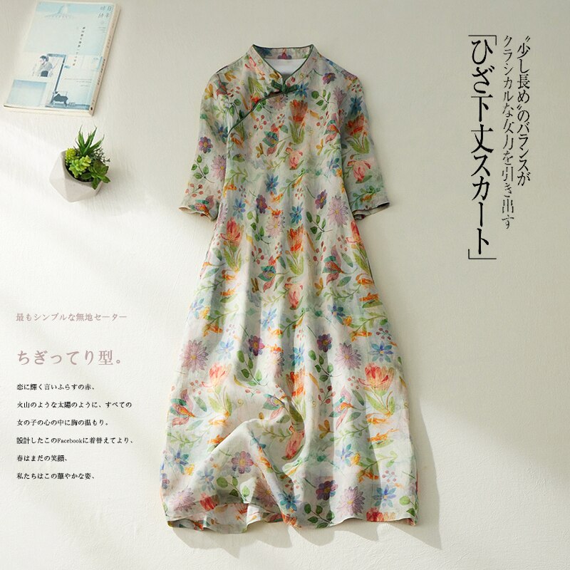 2022 New Arrival Stand Collar Fashion Elegant Lady Chinese Style Summer Dress Robes cheongsam Thin Soft Women Casual Midi Dress alx