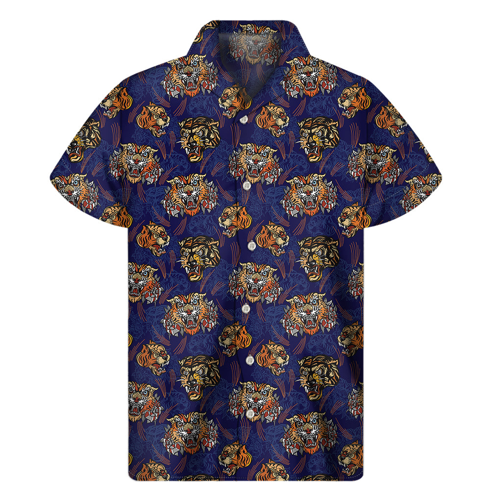 Blue Tiger Tattoo Pattern Print Men’S Short Sleeve Shirt