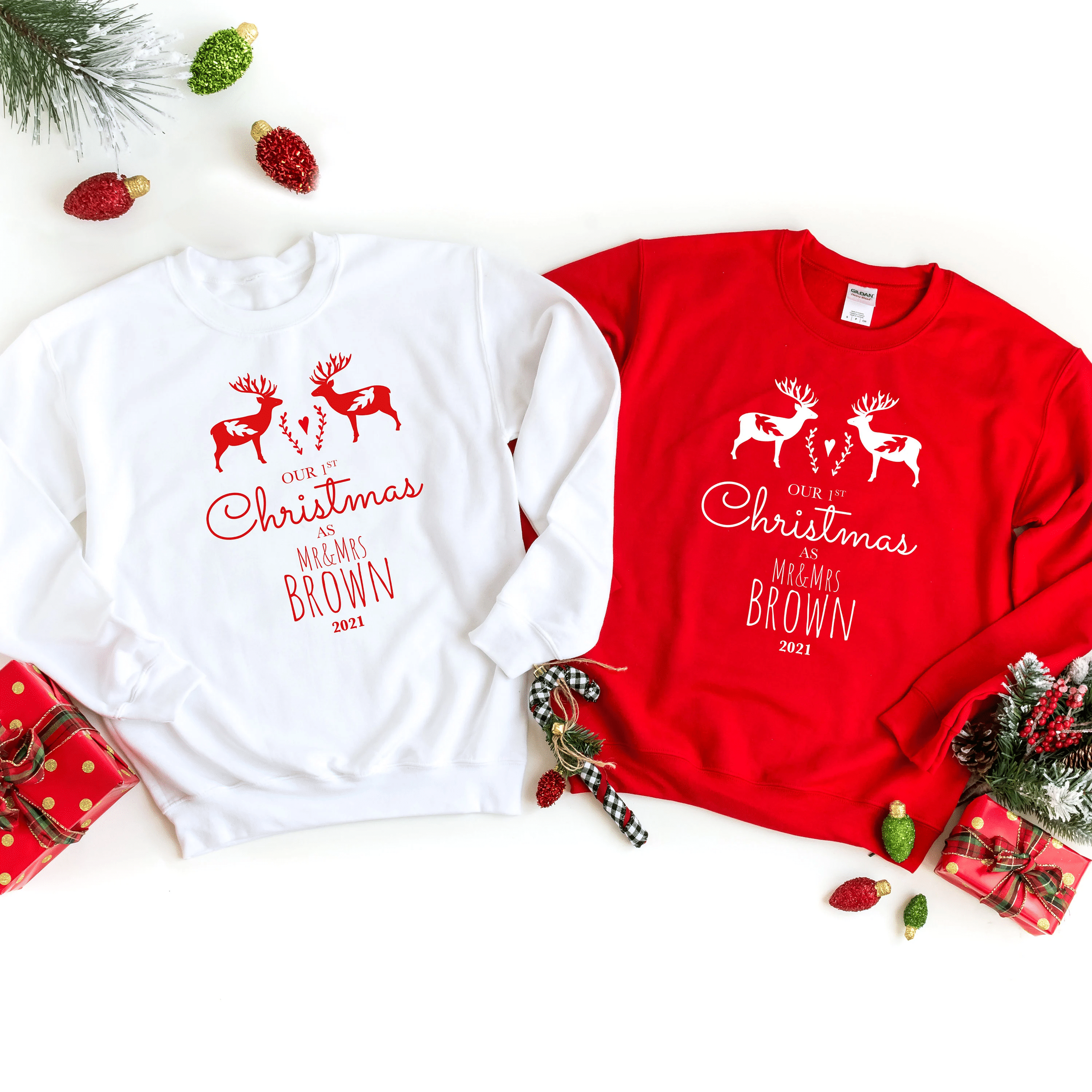 Couple Shirts Personalised Our First Christmas Jumper As Mr & Mrs Last Name Matching Couple, Valentine Gifts, Christmas Gift Graphic Unisex T Shirt, Sweatshirt, Hoodie Size S – 5Xl