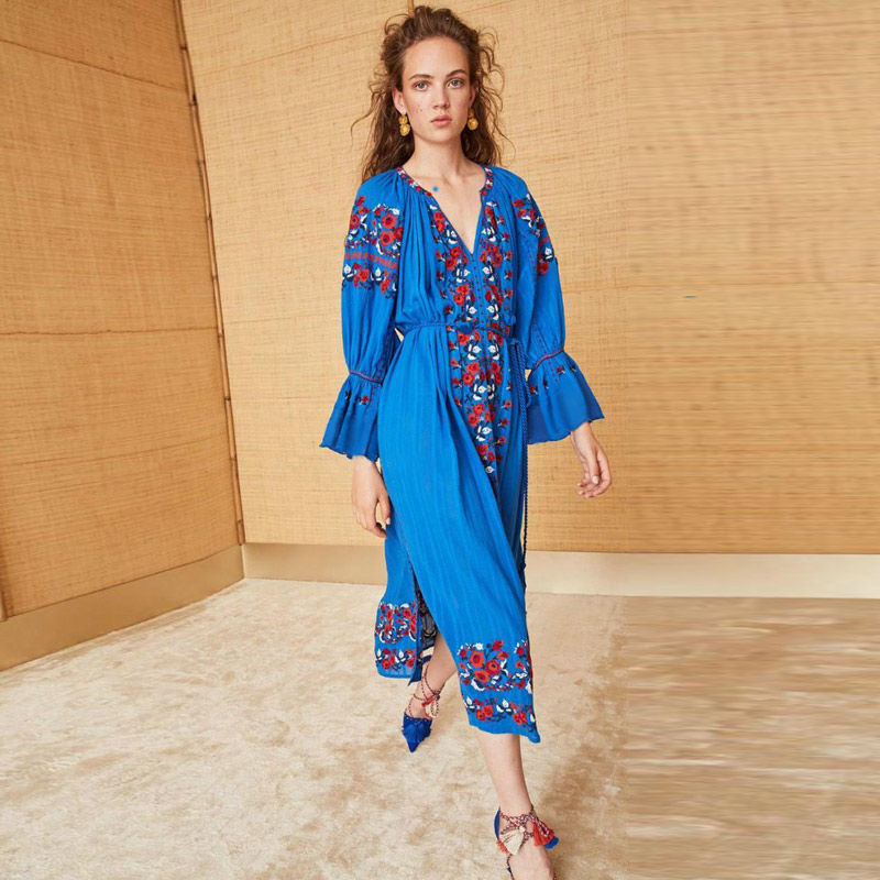 Summer travel seaside temperament national wind embroidery dress flower embroidery loose lantern sleeve tassel rope long dress alx