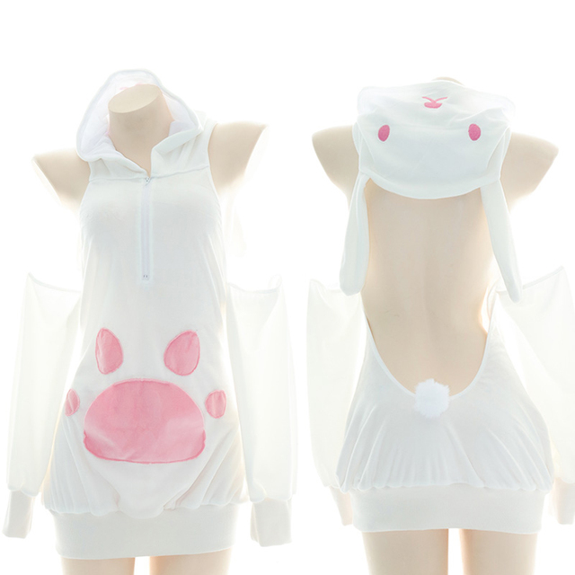 Japanese Cute Girl Bunny Cosplay Bodysuit Women Lolita Rabbit Off Shoulder Long Loose Hoodie Sweatshirt Backless Hooded Tops alx