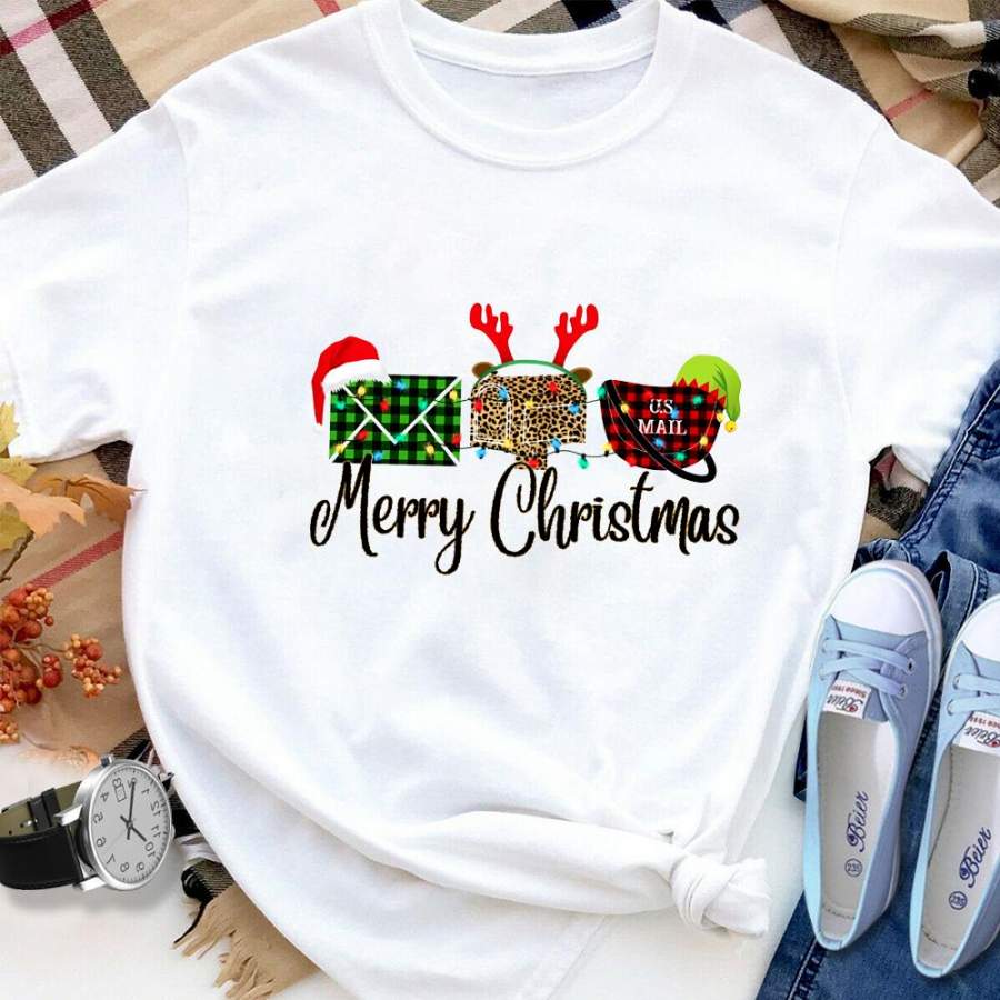 Chirstmas merry christmas reindeer hat santa hat plaid leopard colorful light white cotton t shirt for men and women S-6XL