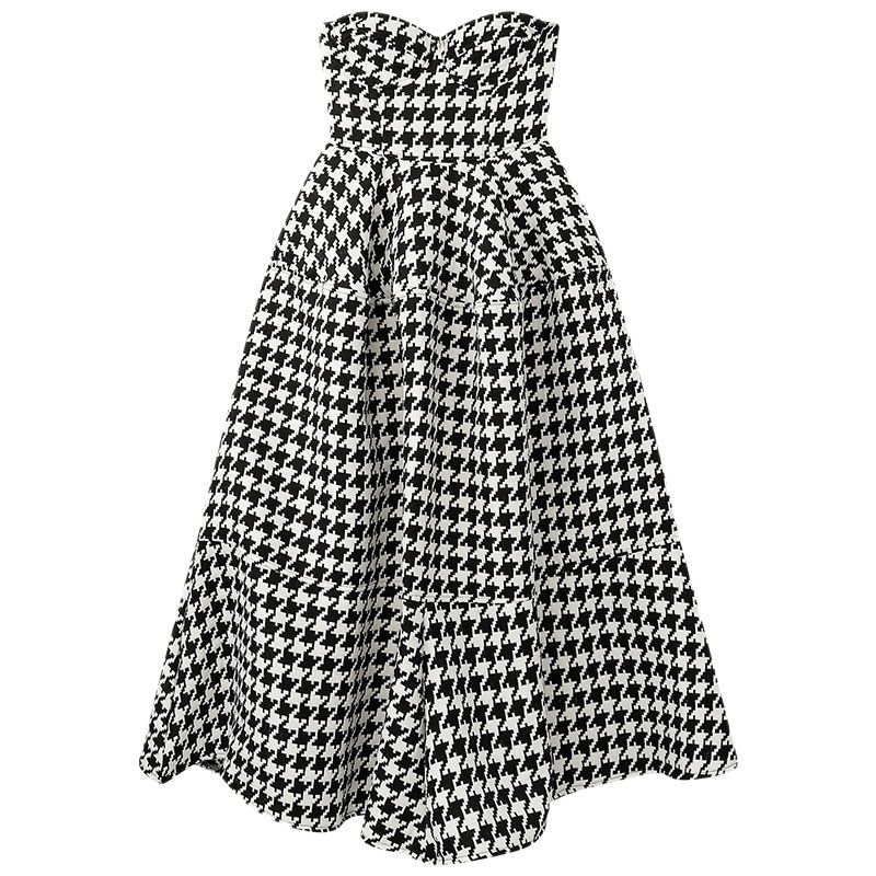 Women’s Clothing Tube Top Dress French Advanced Houndstooth Casual Fashion High Waist Baggy Vintage Long Skirt Ladies Summer alx