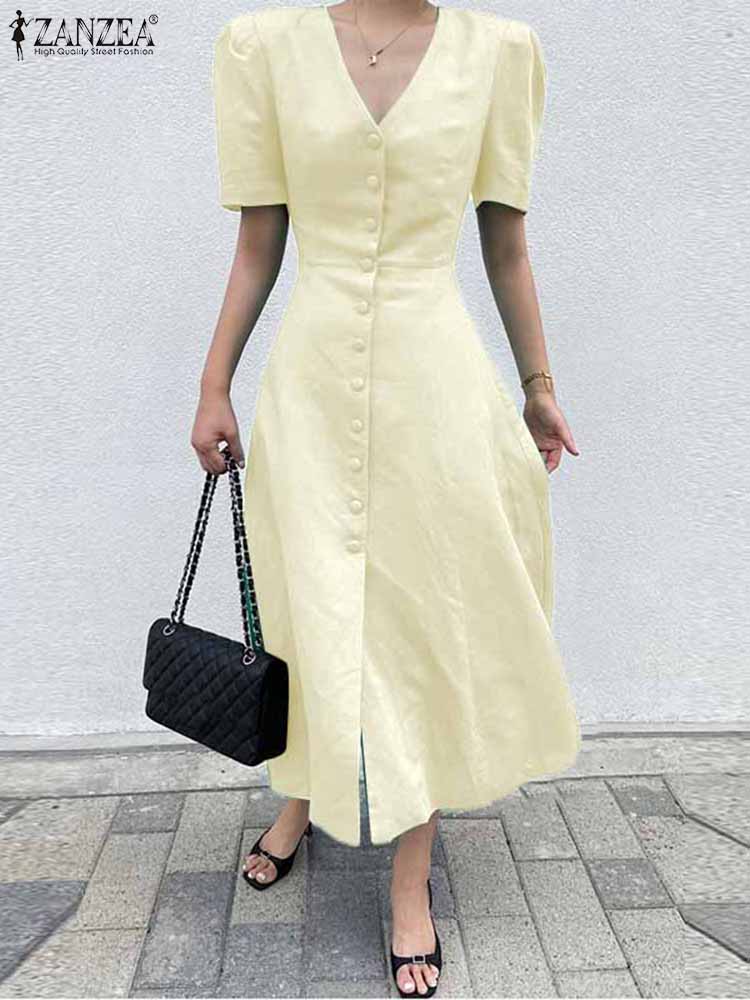 ZANZEA Elegant Summer Maxi Dress 2022 Sexy V Neck High Waist Party Robes Shirt Dress Women Solid A Line Long Sundress Oversized alx