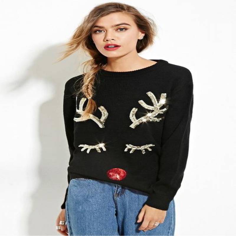 Warm Sequin Knitted Sweater Pullover 2017 Fall Winter Knitwear Soft Black Deer Ugly Christmas Sweater