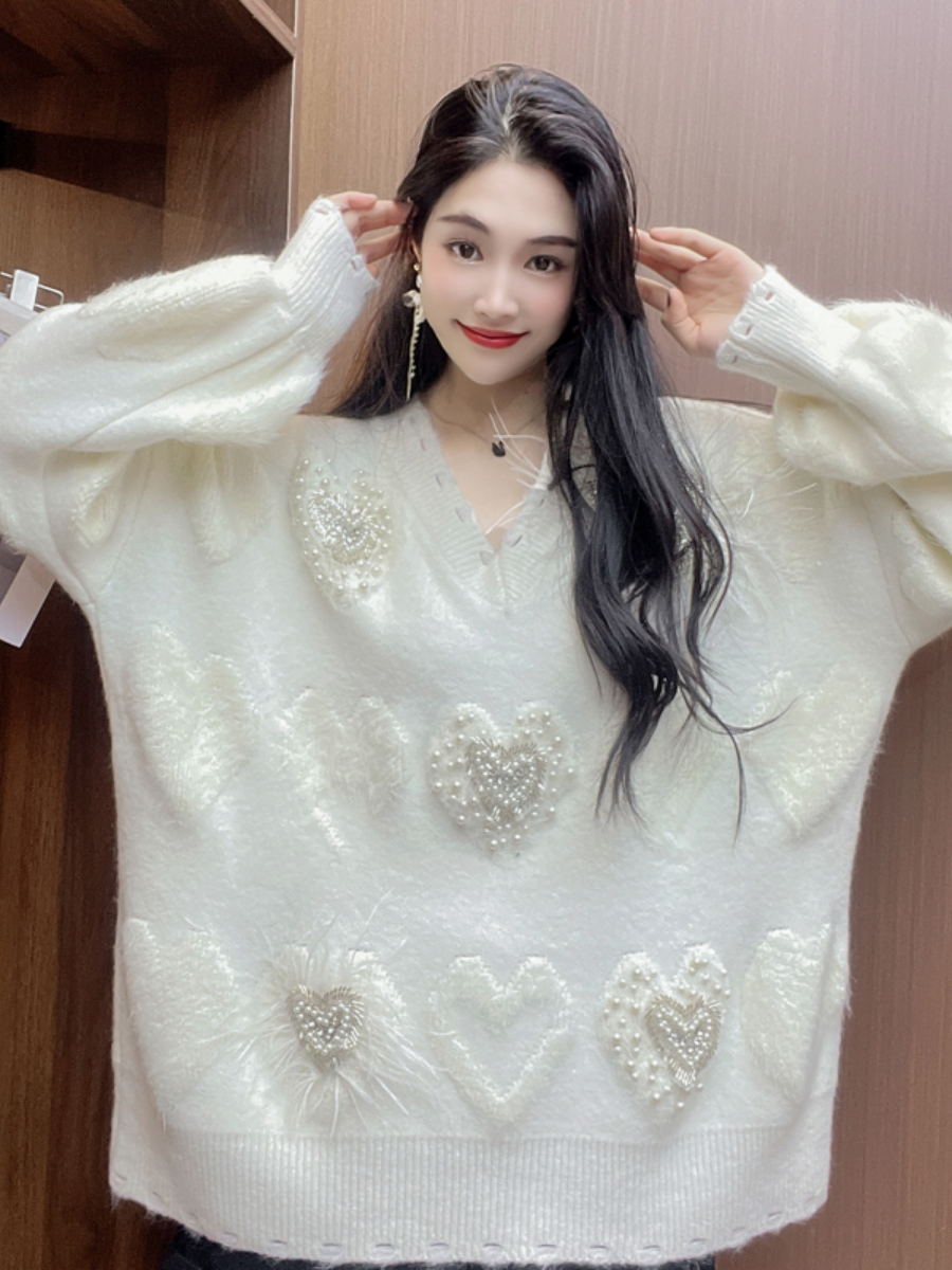 Autumn Winter Heavy Heart Shape Diamond Cute White Feather Knitted Sweater Idle Style Korean Loose Oversized Sweater Top Women alx