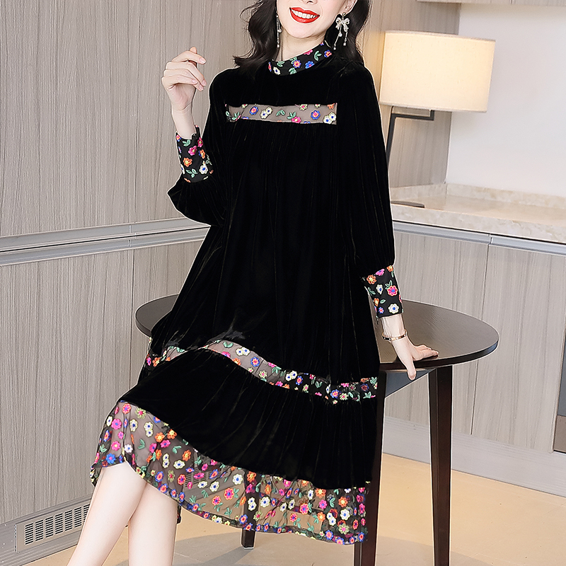 ZUOMAN 2020 Elegant Vintage Floral Black Velvet Midi Dresses Autumn Winter Patchwork 4XL Plus Size Dresses Women Bodycon Party V alx