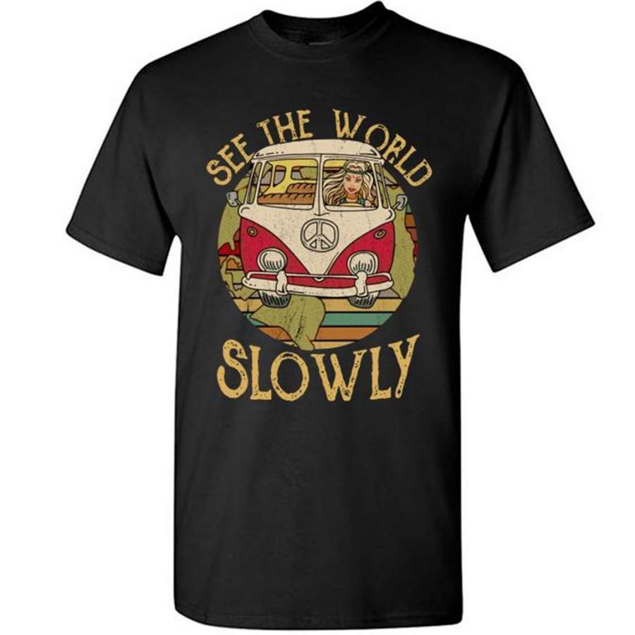 See The World Slowly Hippie Girl Peace Sign, Classic Vintage Design – Gildan Short Sleeve Shirt