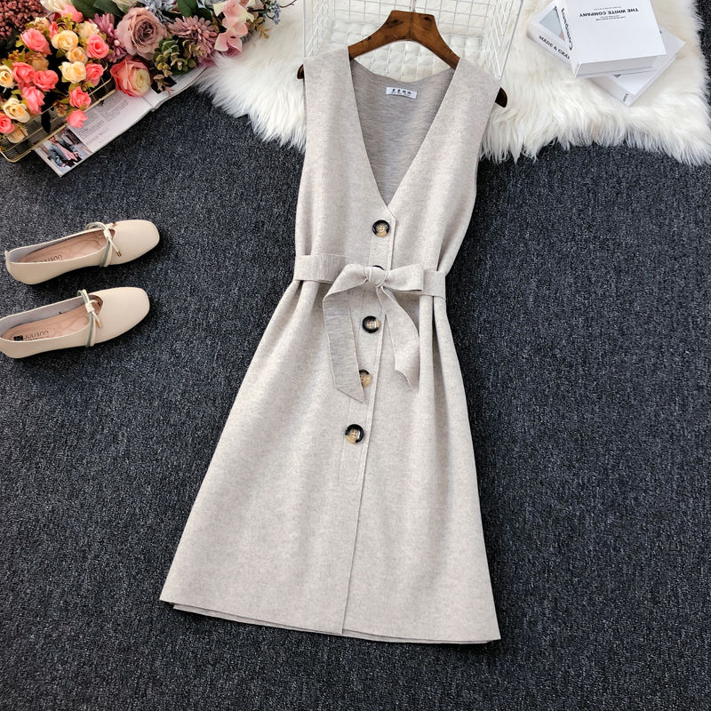 Spring Winter Wool Long Vest Sleeveless Dress Single Breasted Lace Up Summer V-neck Female Midi Dress Large Size Women Dresses alx