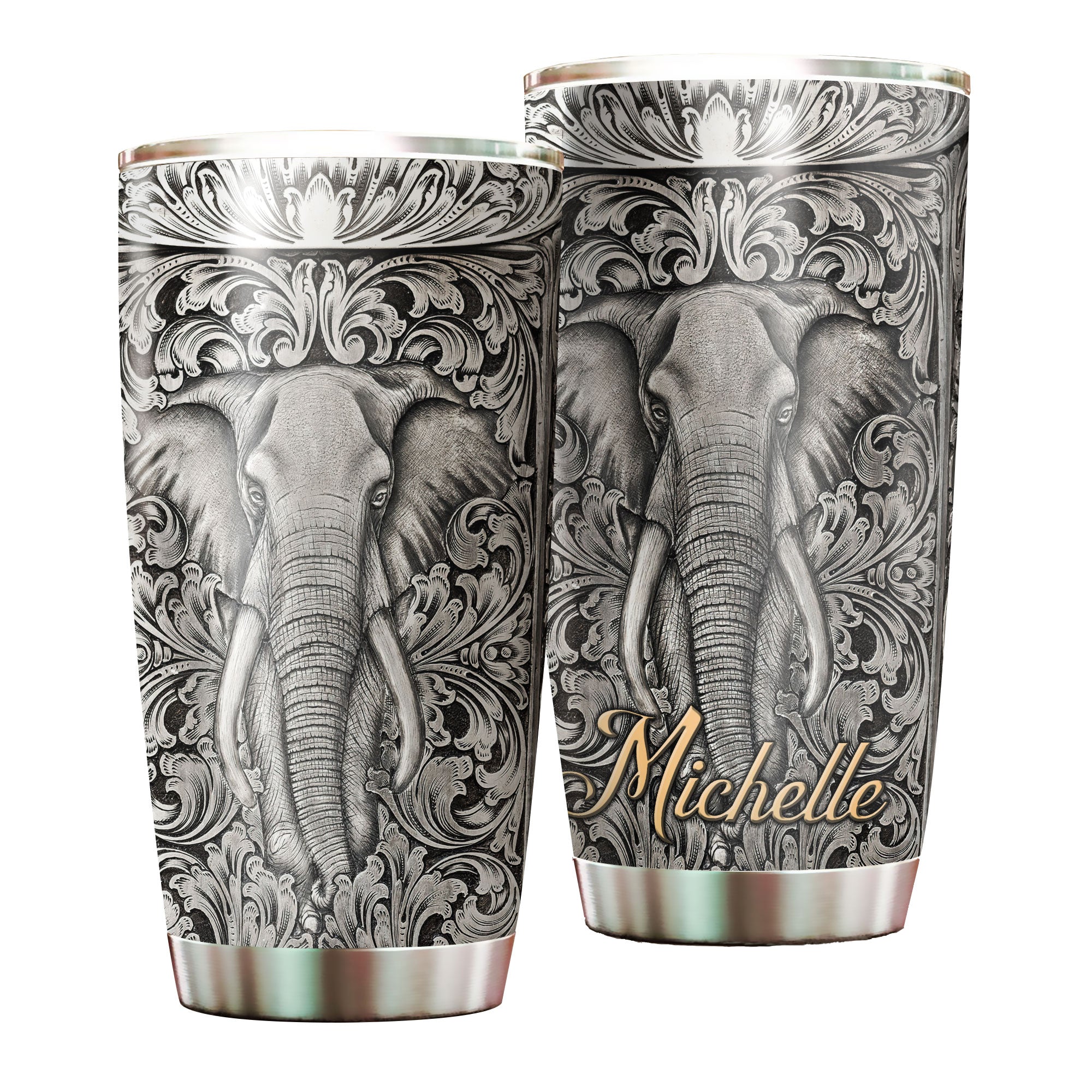 Personalized Elephant Pattern Silver Style Stainless Steel Tumbler-Sweat-Proof Travel Tharma Cup With Lid