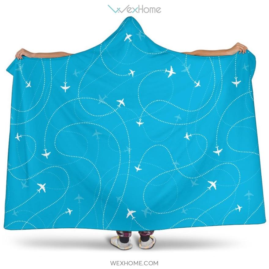 Airplane Destinations Blue Background Hooded Blanket