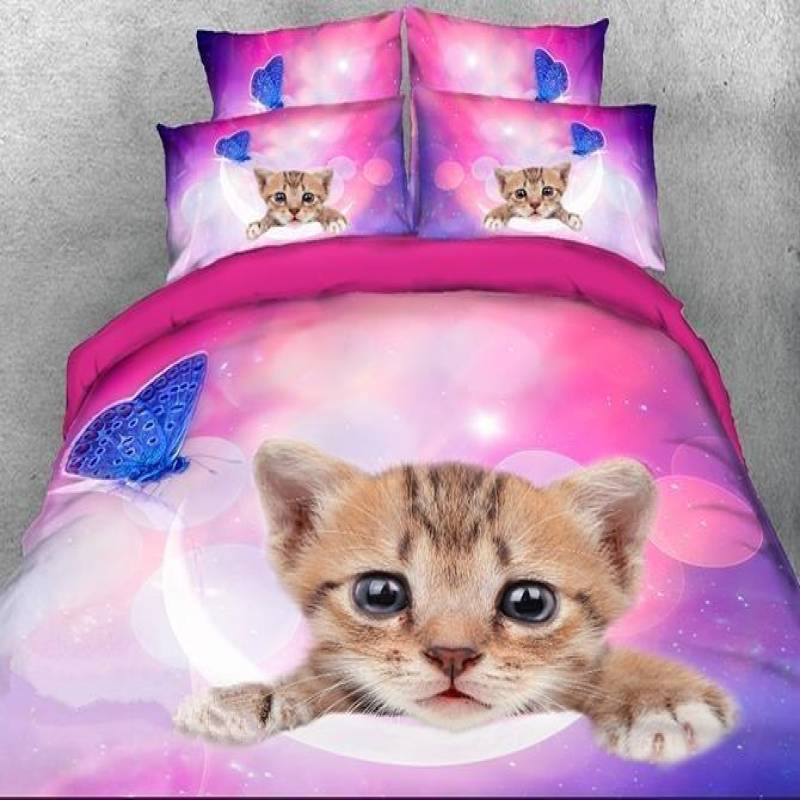 3D Kitten Face And Blue Butterfly Printed Luxury 4-Piece Bedding Sets/Duvet Covers