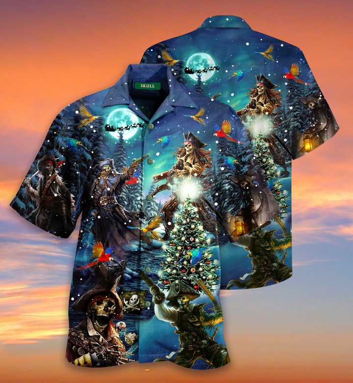 Pirate Christmas Skull Parrot Twinkle Moonlight Snowy Night Hawaii Shirt Ha63851