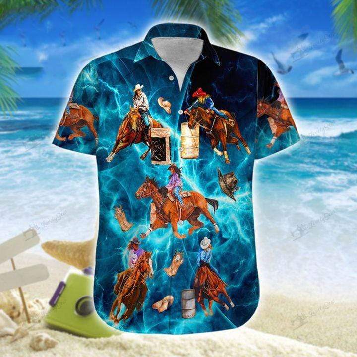 Barrel Racing Horse Girl Blue Unisex Hawaiian Shirts – Beach Shorts ...