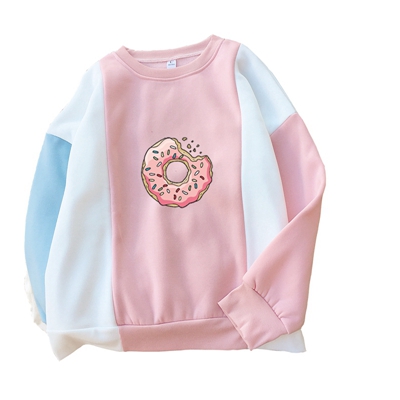 Women Sweatshirt Harajuku Kawaii Donuts Printed Cute Hoodies Patchwork O-neck Velvet Thick Warm Pullovers Winter Autumn Top alx