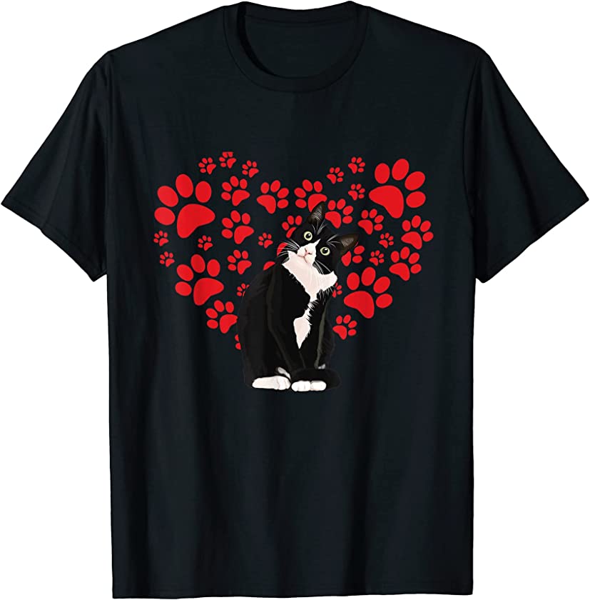 Tuxedo Cat Valentine Heart Paw For Kitten And Cat Mom Dad T-Shirt