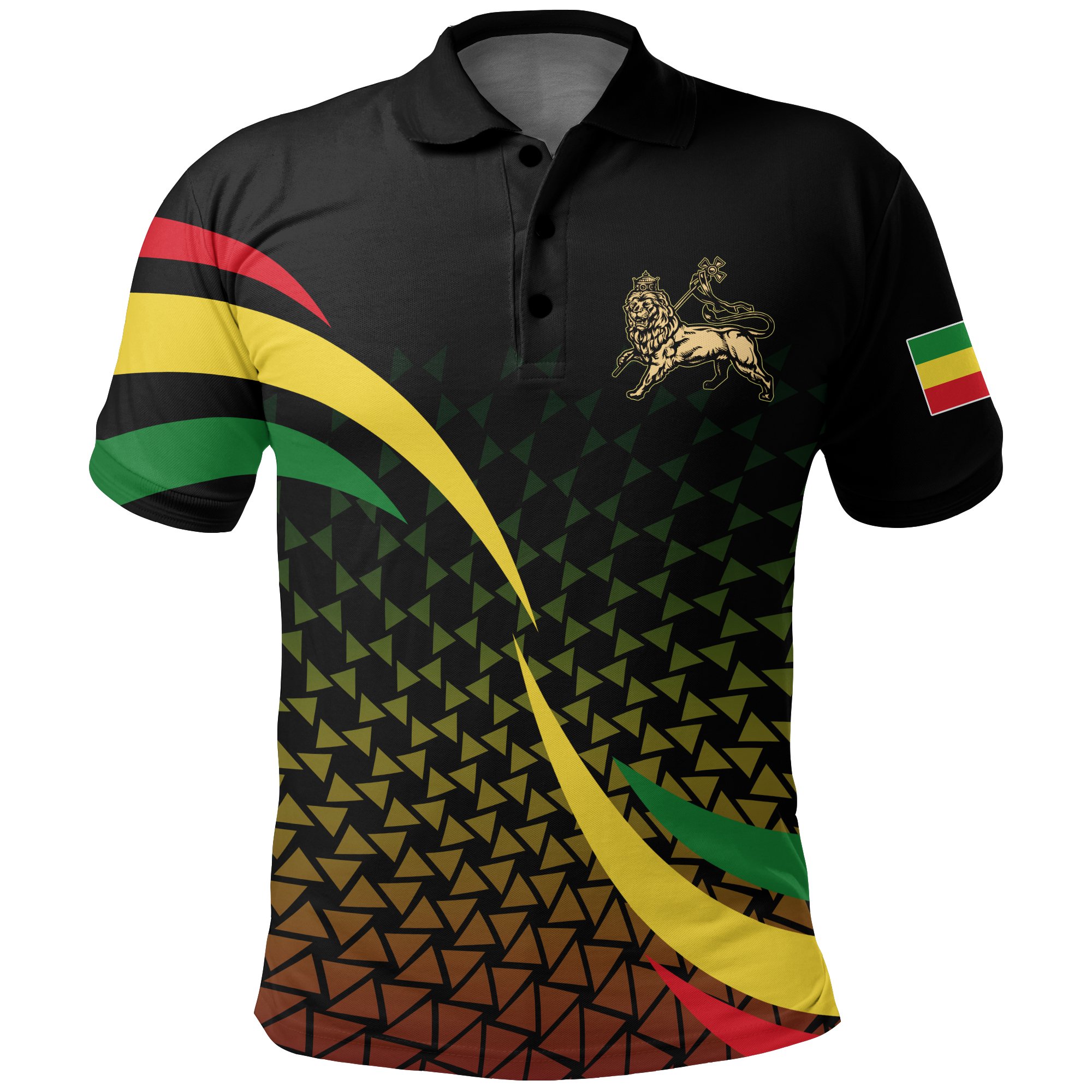 1stTheWorld Ethiopia Polo Shirt, Ethiopia Rasta Lion Black A10