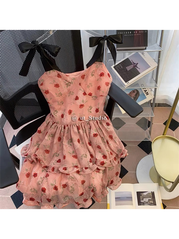 Sweet Floral Elegant French Vintage Frocks Women Cutey Bow Pink Rose Print Beach Party Summer Mini Spaghetti Strap Dresses 2022 alx