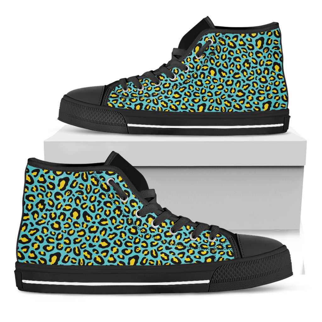 Teal And Yellow Leopard Pattern Print Black High Top Shoes